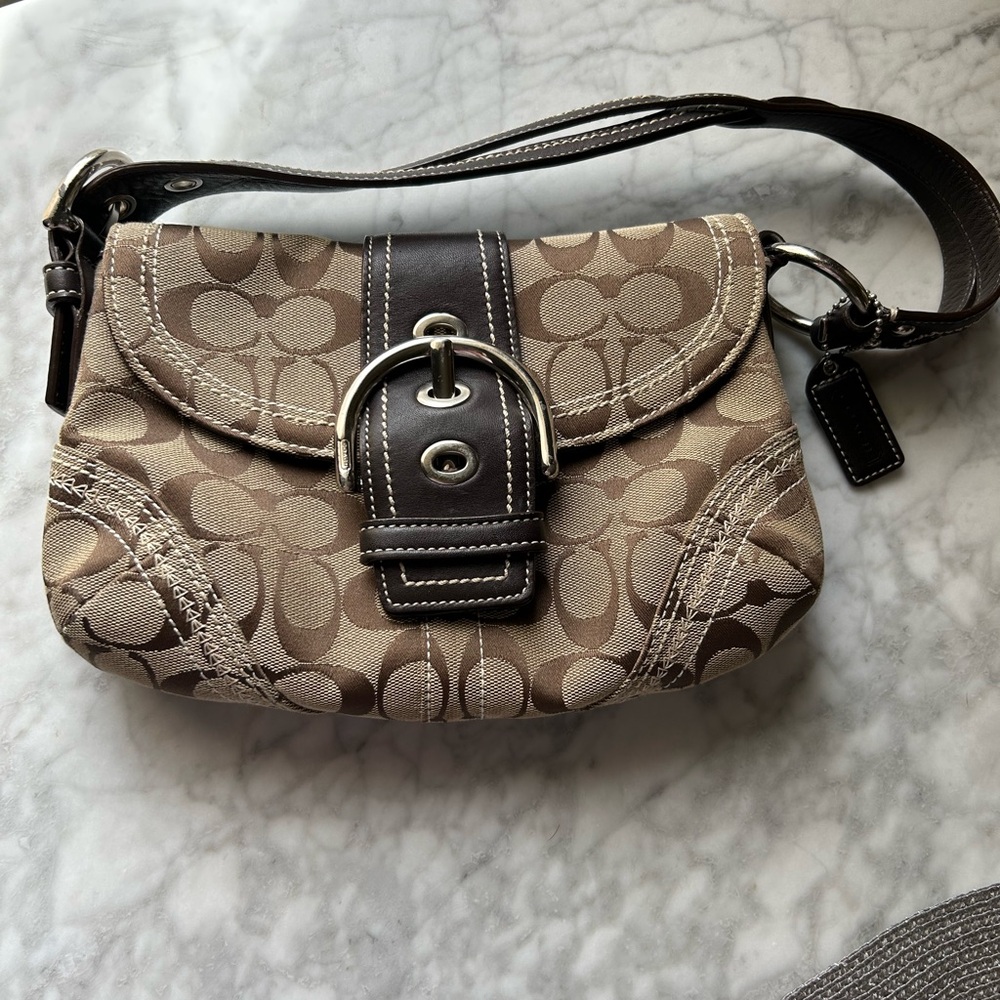 Coach Brown and Tan Signature Shoulder Bag